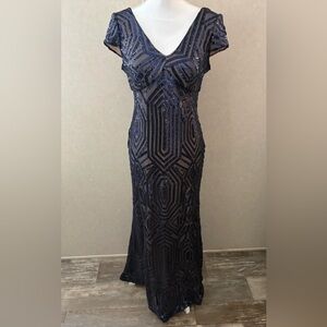 Elegant Navy Sequin Geometric Maxi Dress
